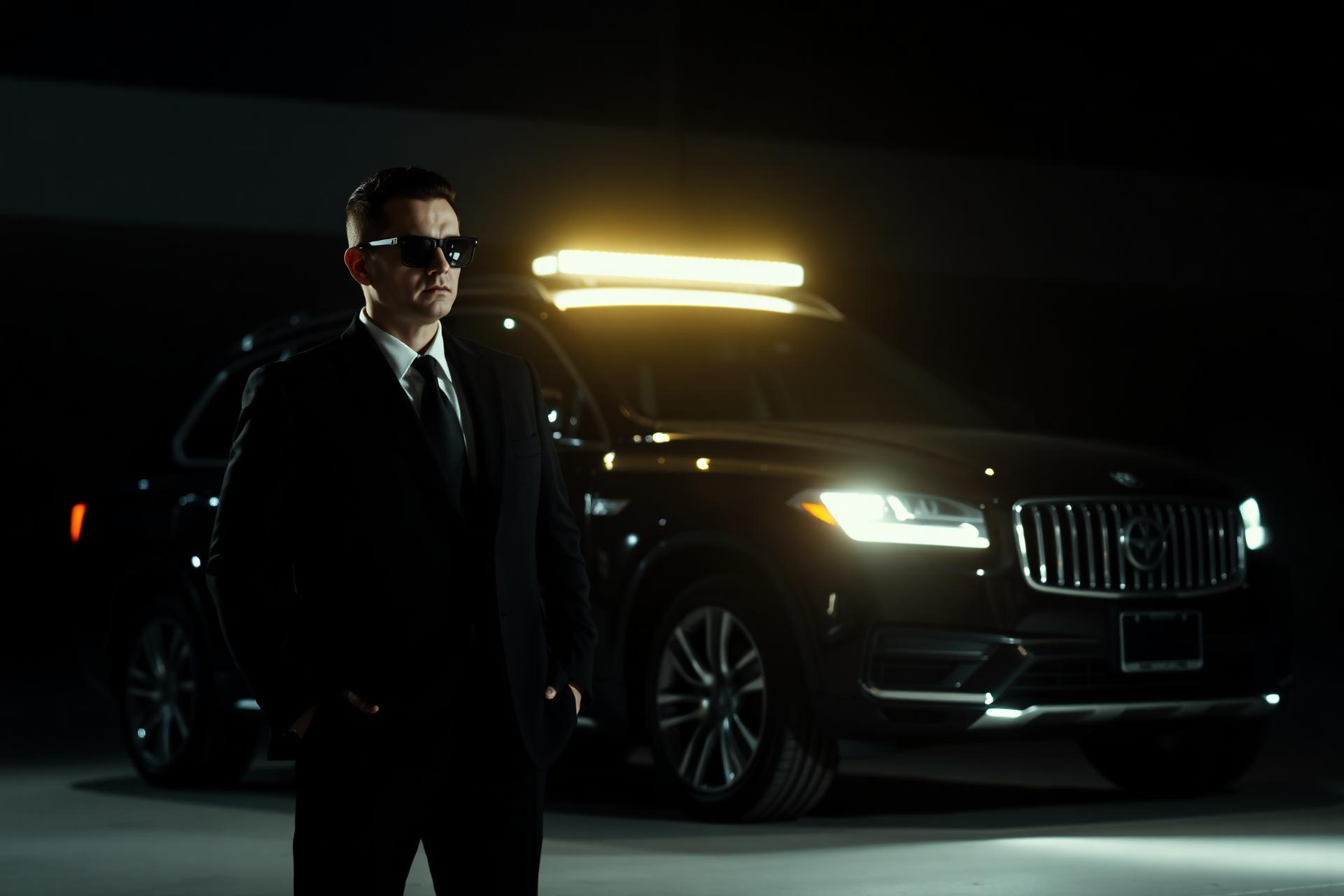 TDK executive protection officer beside a black security vehicle